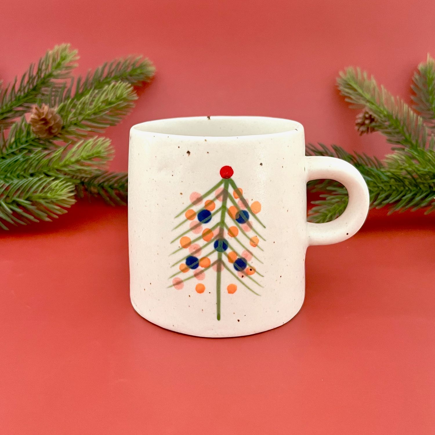 12 oz. Hand-Painted Stoneware Mug w/ Christmas Tree, Style: Multi-Color Decor