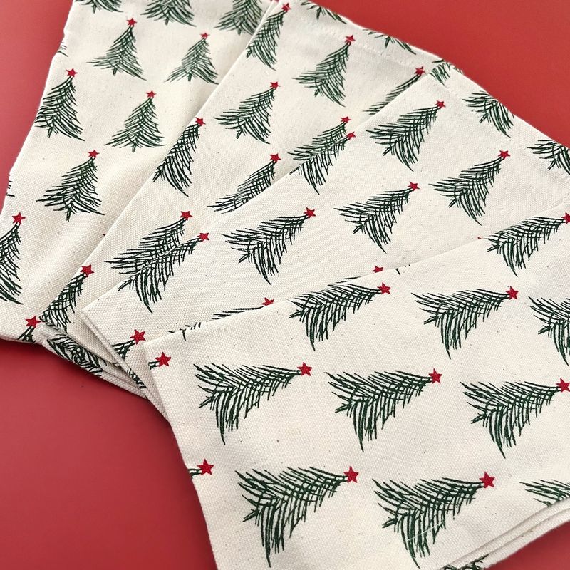 Stonewashed Cotton Napkins w/ Christmas Tree Pattern S/4