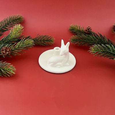 Ceramic Taper Holder with Deer, White