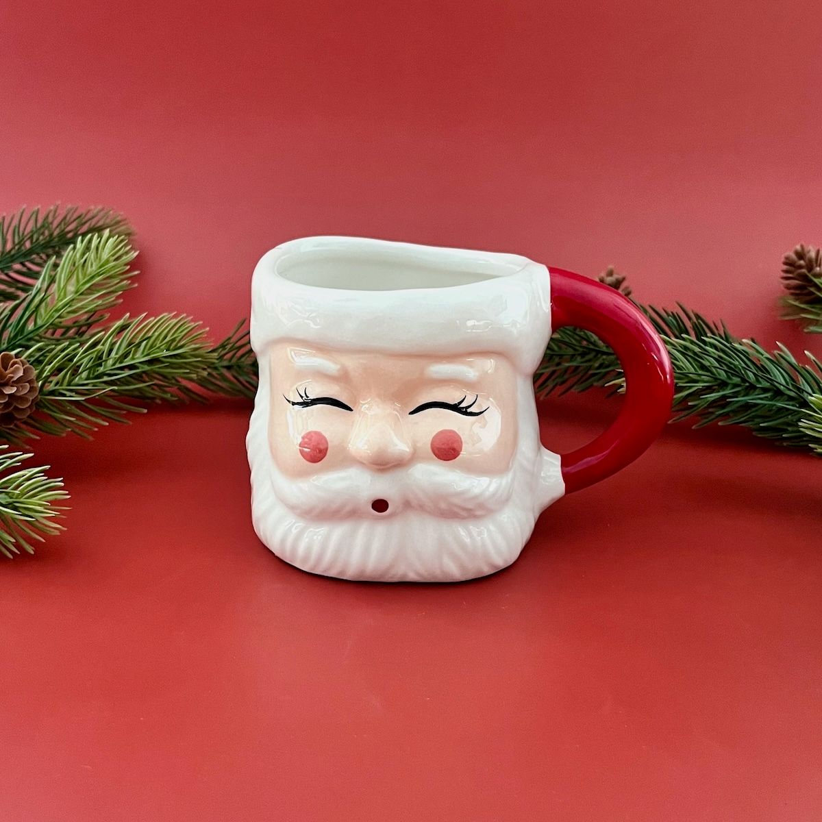 12 oz. Hand-Painted Stoneware Santa Mug, Red and White