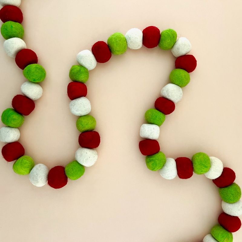 Wool Felt Ball Garland, Red, Green &amp; Cream Color