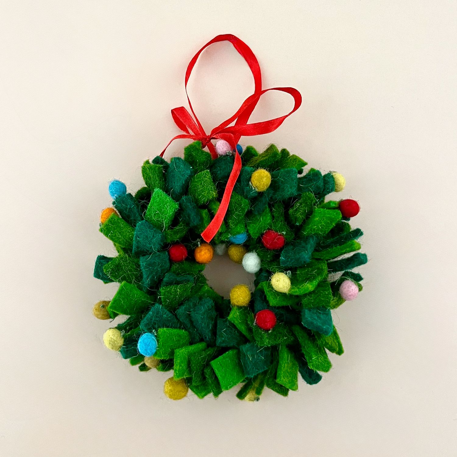 7&quot; Round Handmade Wool Felt Wreath Ornament w/ Multi Color Pom Poms