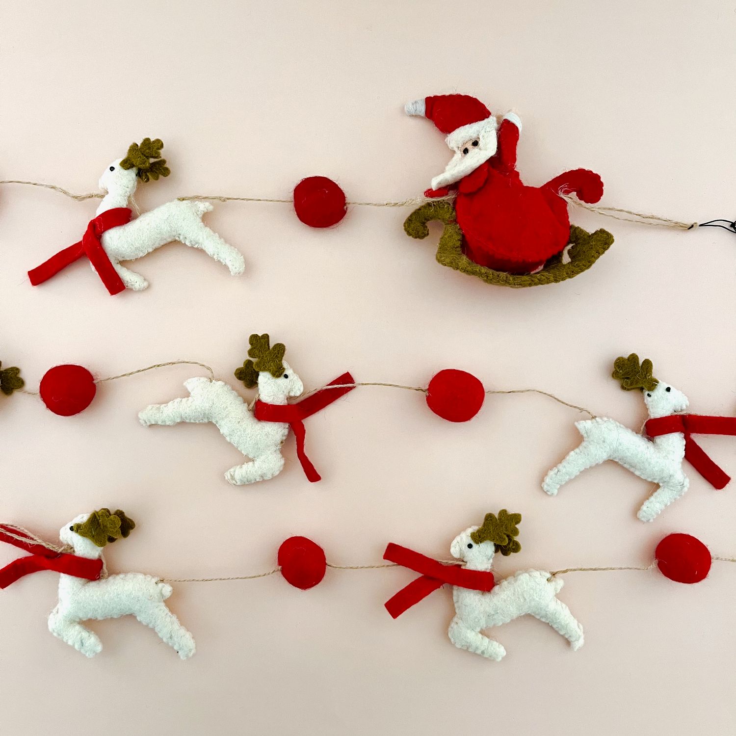 Handmade Wool Felt Santa In Sleigh &amp; Reindeer Garland