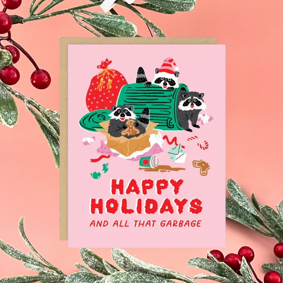 Pink Raccoons Holiday Card