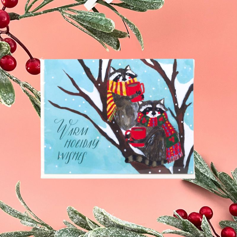 Warm Holiday Wishes (Raccoon) Card  by Loose Leaf Paper Goods