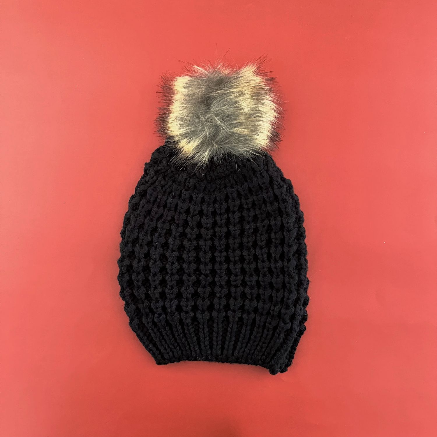 Textured Beanie with Pom Pom, Color: Black