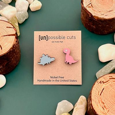 Dino Couple Lasercut Wood Earrings on Sterling Silver Posts