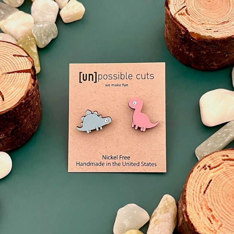 Dino Couple Lasercut Wood Earrings on Sterling Silver Posts