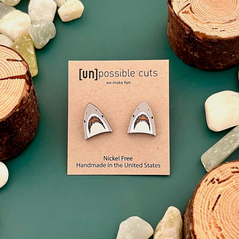Shark Lasercut Wood Earrings on Sterling Silver Posts