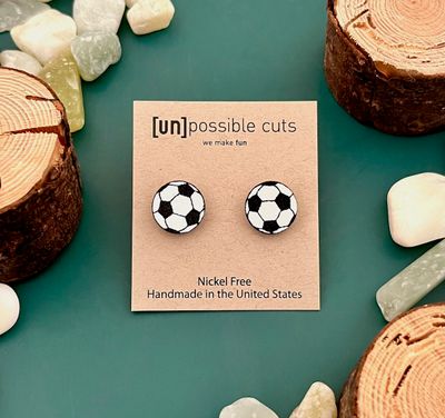 Soccer Ball Lasercut Wood Earrings on Sterling Silver Posts