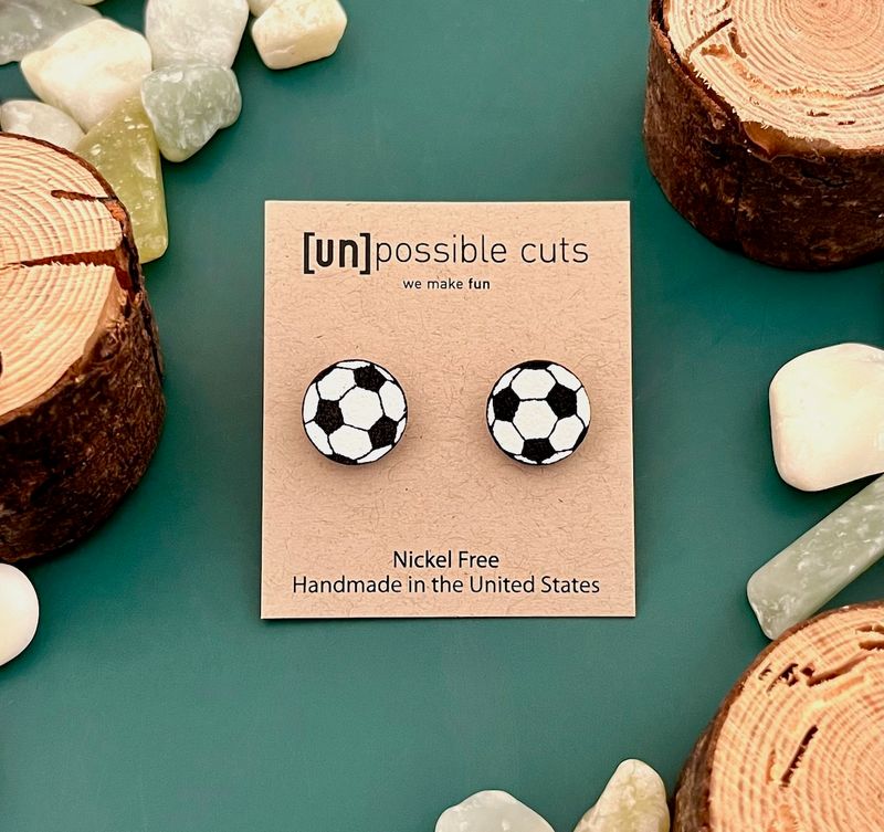 Soccer Ball Lasercut Wood Earrings on Sterling Silver Posts