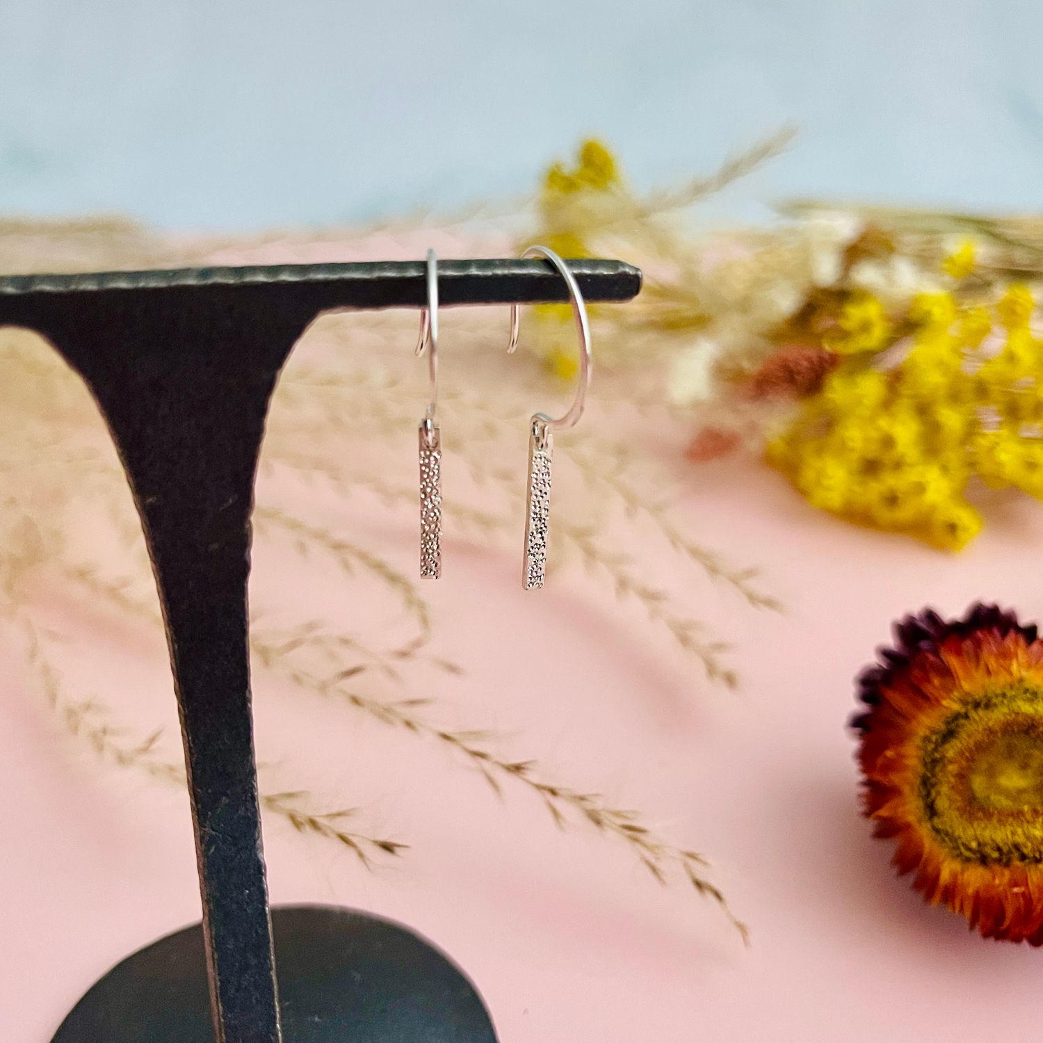 Diamond Dusted Silver Bar Drop Earrings, Size: Short - 5/8&quot; Long