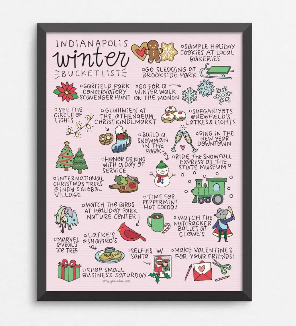 Indy Winter Bucket List Print by local artist Jean Elise, 8.5 x 11