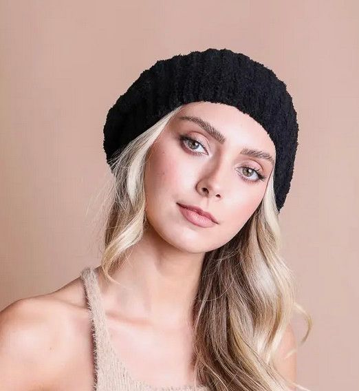Boucle Rib Knit Beret, Color: Black