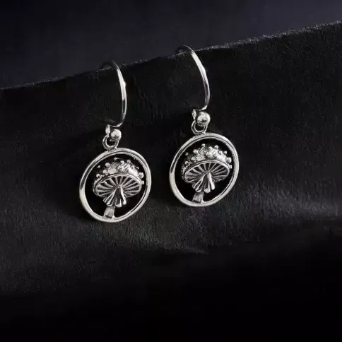 Silver Agaric Mushroom Dangle Earrings