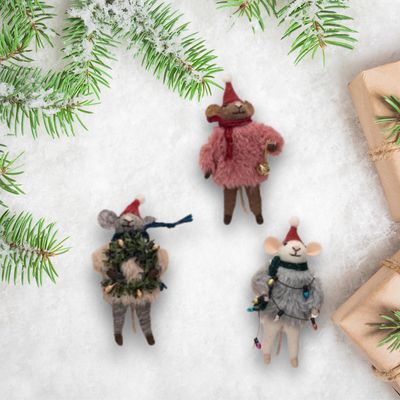 Wool Felt Mouse w/ Faux Fur Sweater Ornament