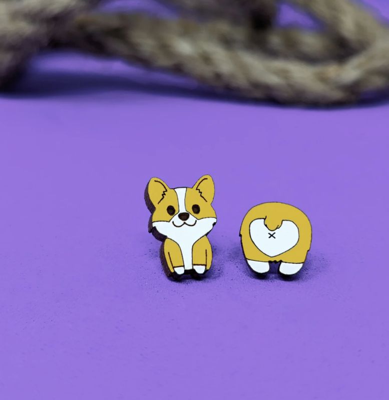 Handmade Corgi Butt Lasercut Wood Earrings on Sterling Silver Posts