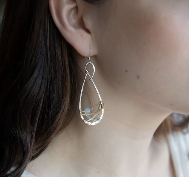 Handmade Woven Aquamarine Drop Earrings by Art by Any Means