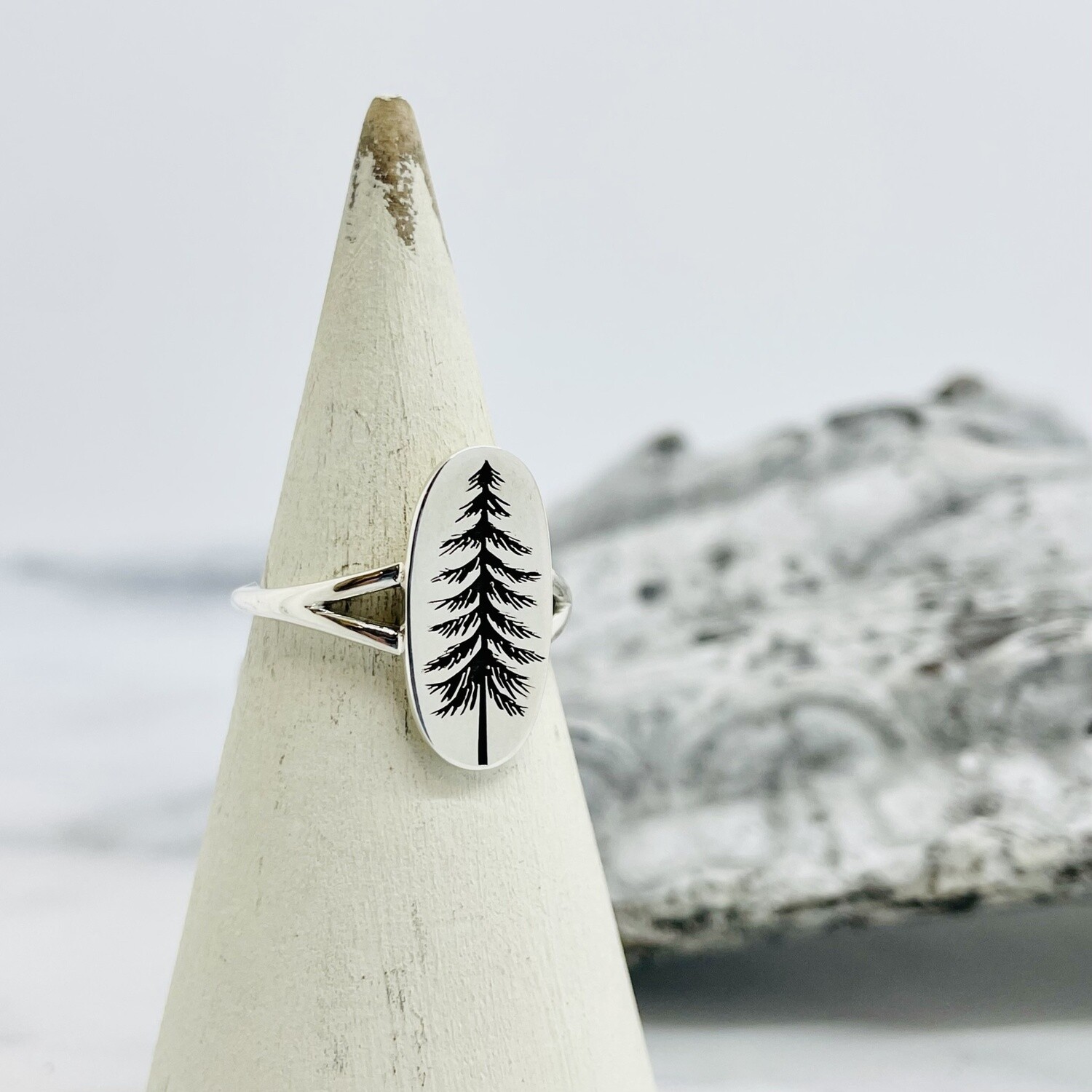 Etched Pine Tree Ring, SS, 
