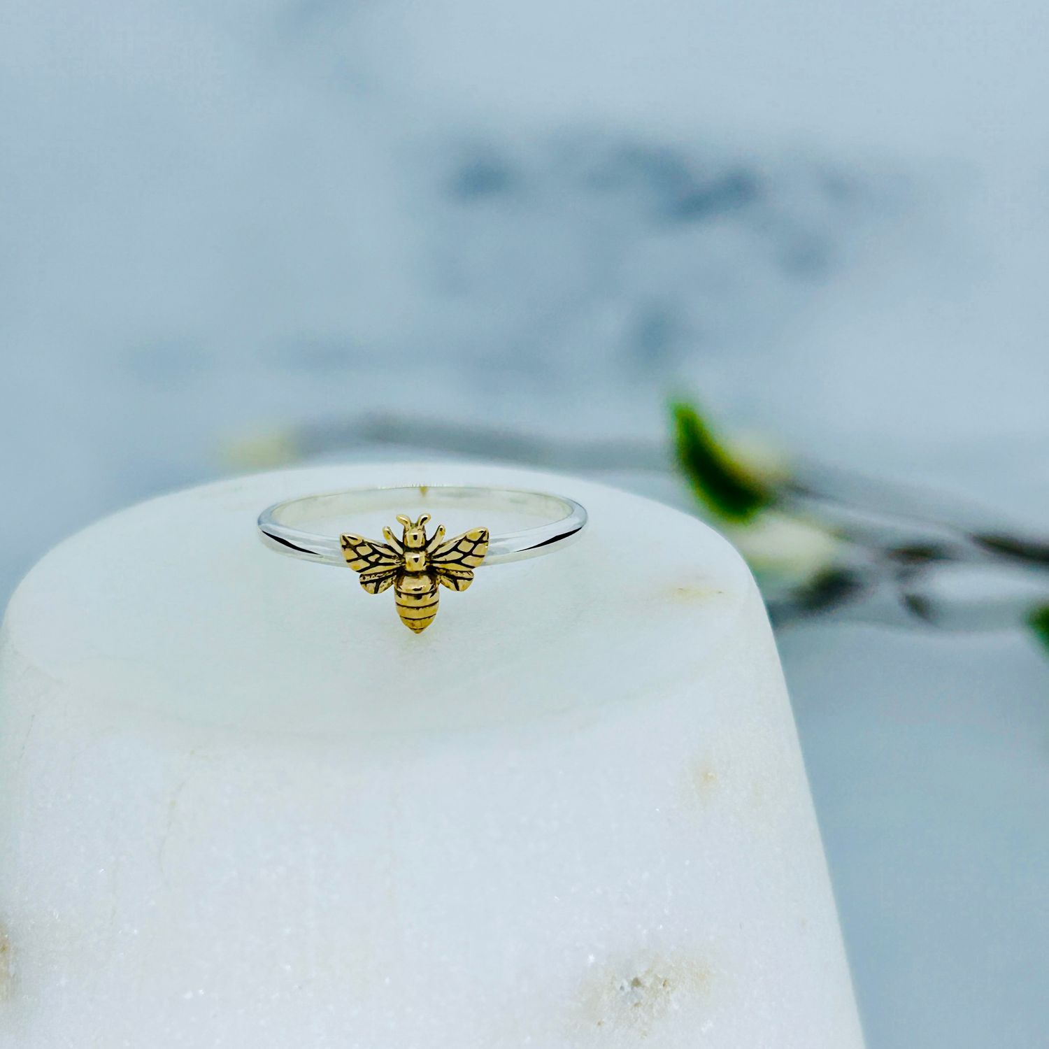 Tiny Bronze Bee on Silver Ring, Size: 5