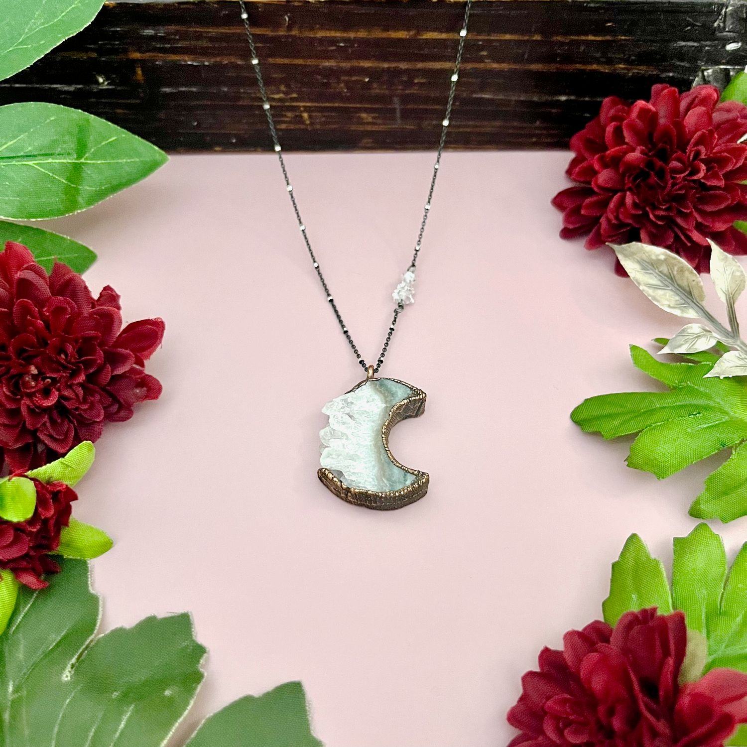 Agate Slice Crescent Moon Pendant on 24" Sterling Silver Satellite Chain
