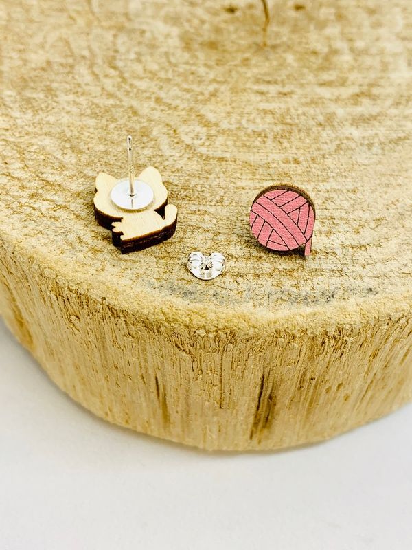 Handmade Cat and Yarn Lasercut Wood Earrings on Sterling Silver Posts