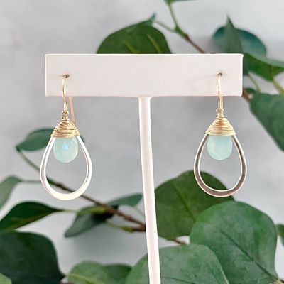Handmade earrings with faceted aqua chalcedony wrapped in 14k gf and hanging in sterling teardrop