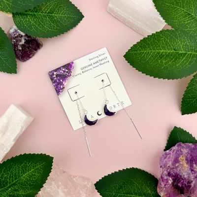 Eclipse Crescent Moon Amethyst Threader Earrings, Silver