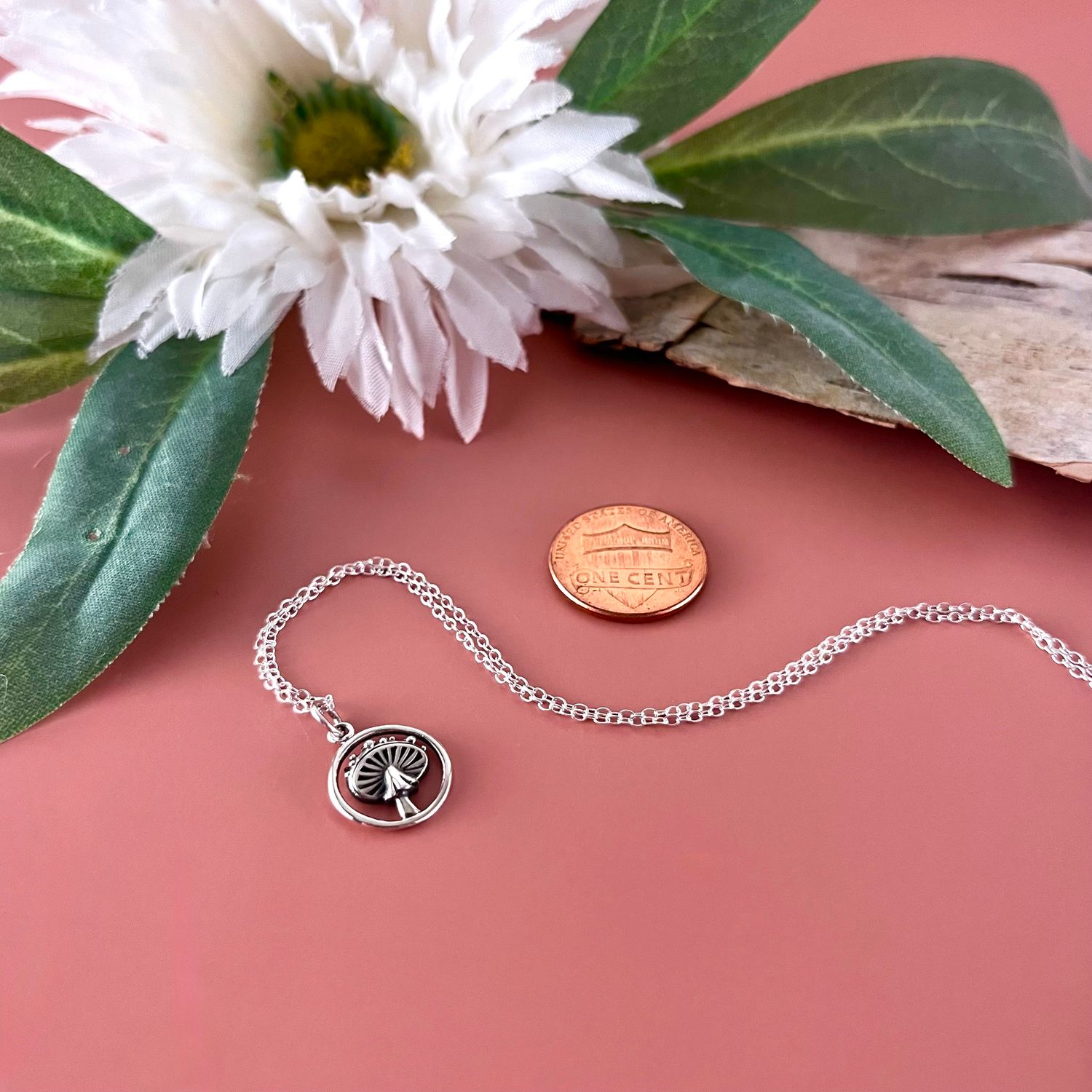 Silver Agaric Mushroom Necklace, 18"