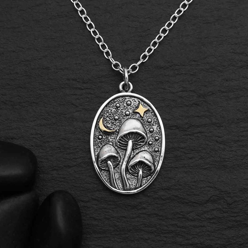 Silver Night Mushrooms Necklace, 18"
