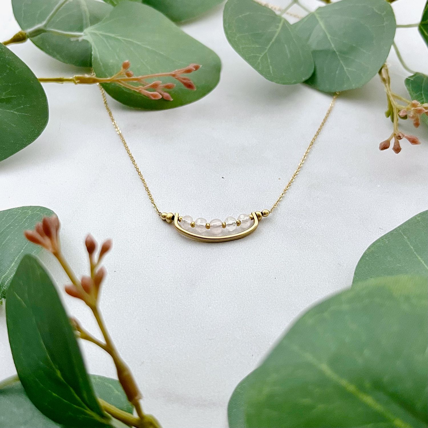 Handmade Rose quartz and 14kt gold filled bar necklace. 16"L