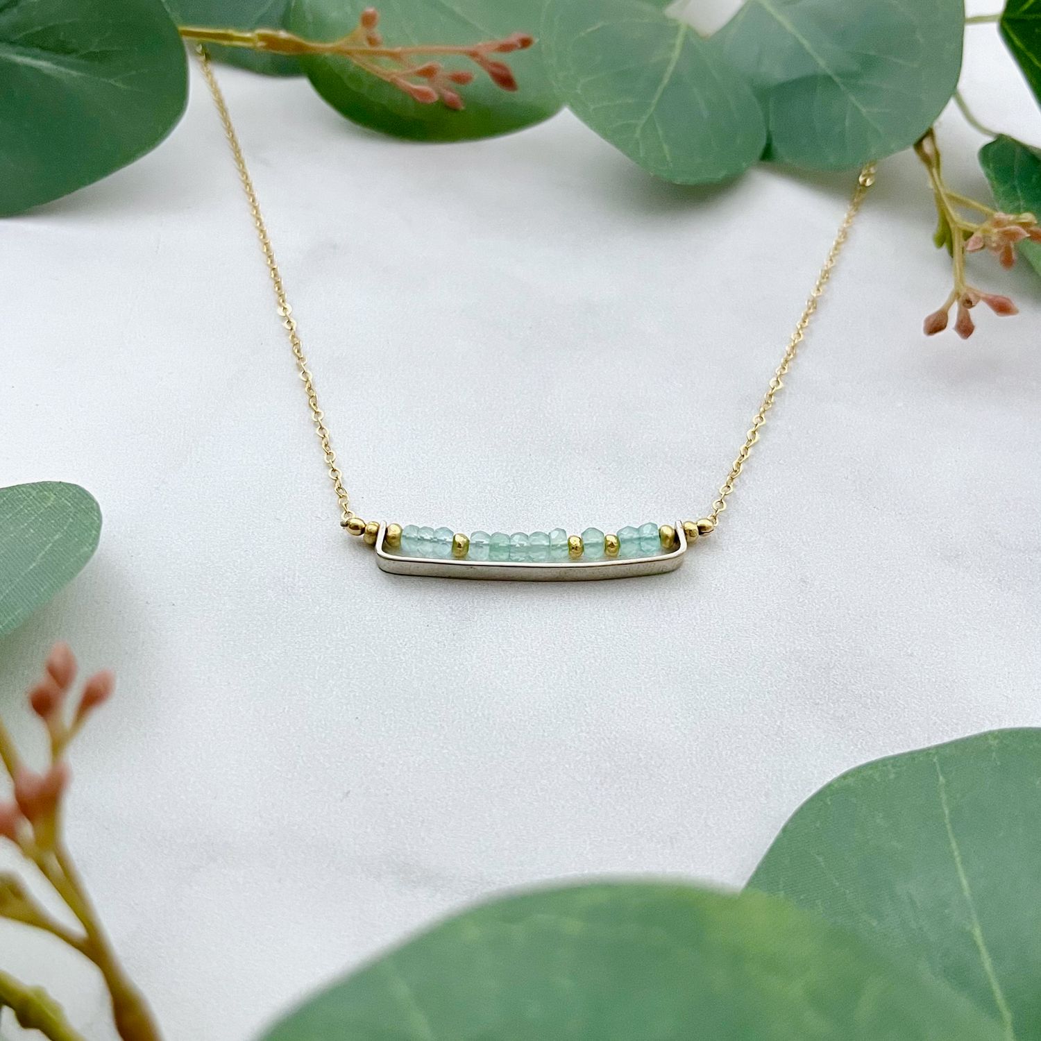 Aqua chalcedony, 14kt gold filled sterling bar necklace
