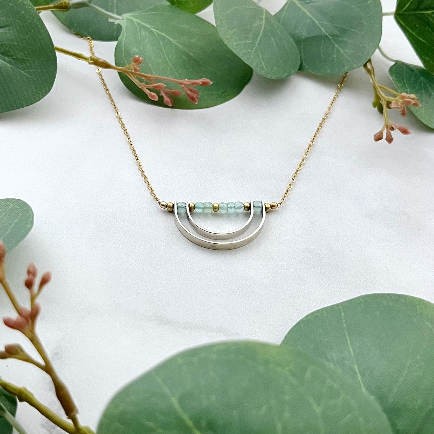 Aqua chalcedony with Double Sterling Curve on Gold Fill Chain Necklace