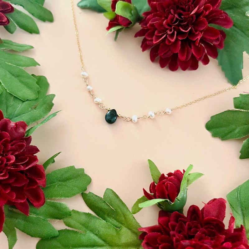 Dainty Emerald and Pearl Necklace, GF