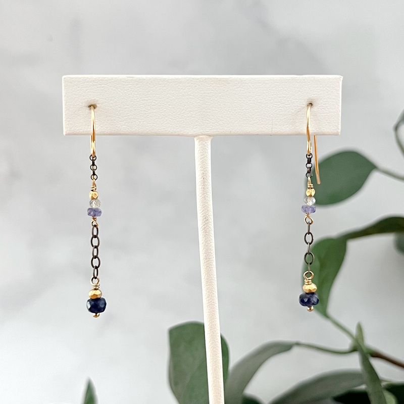 Handmade Earring with Tanzanite, blue sapphire, 14kt gold filled + sterling