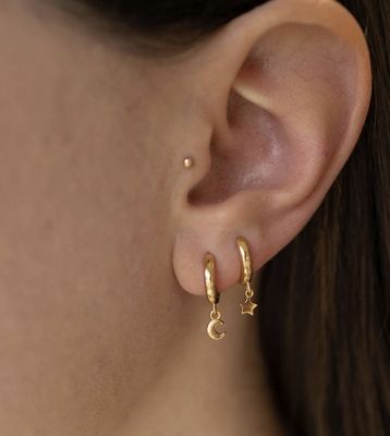 Star and Moon Huggie Hoop Earrings, GP