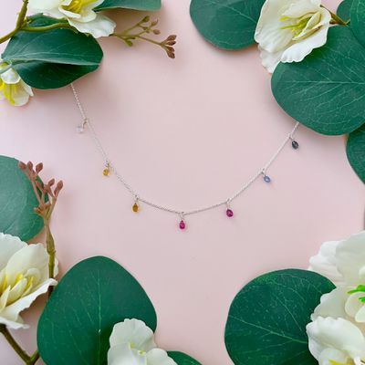 Handmade chain with multi sapphire drops silver necklace