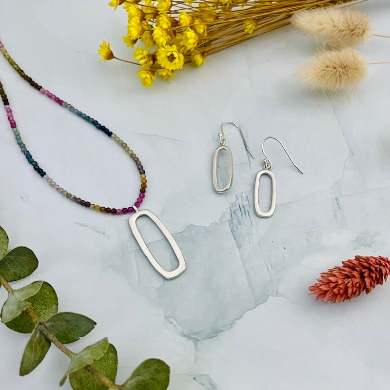 Handmade large rectangle on multi tourmaline silver necklace