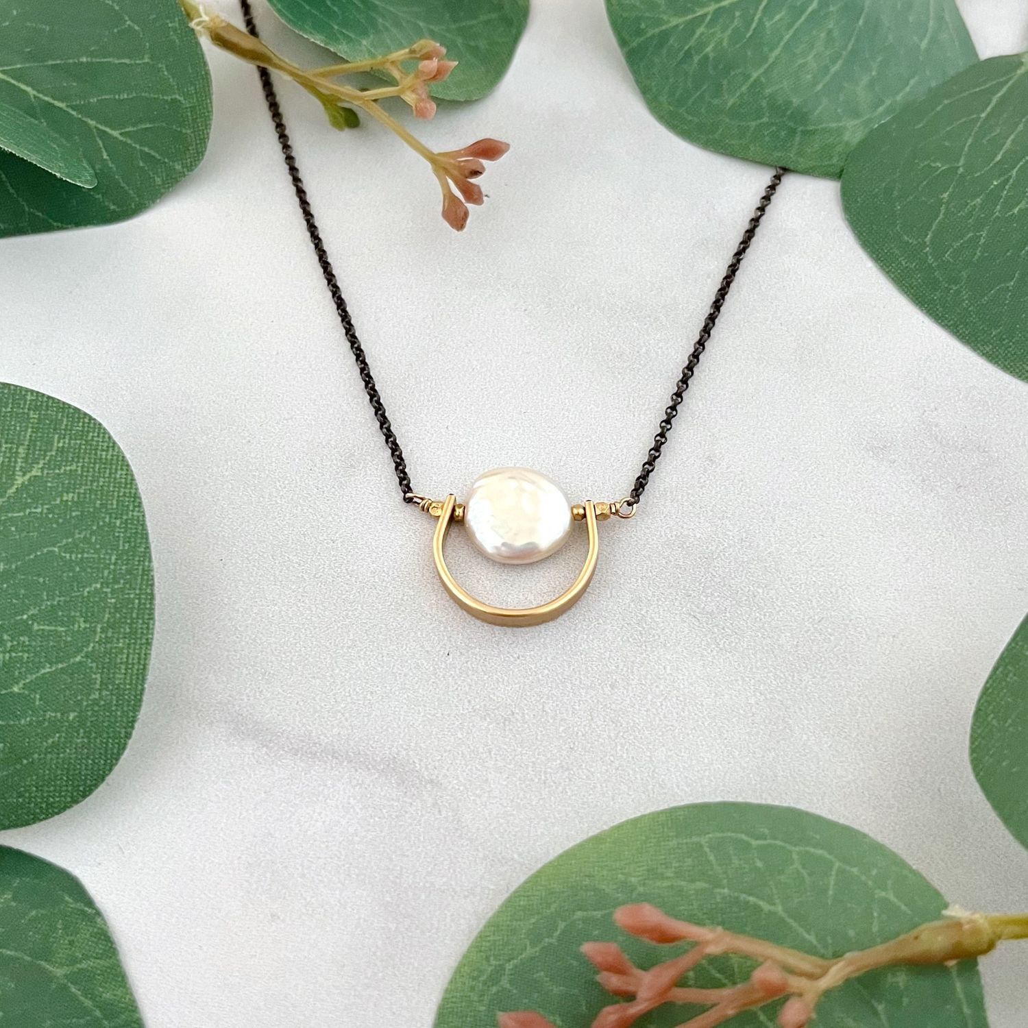 Handmade Necklace with White Coin Pearl 14k GF on Oxidized Silver Chain
