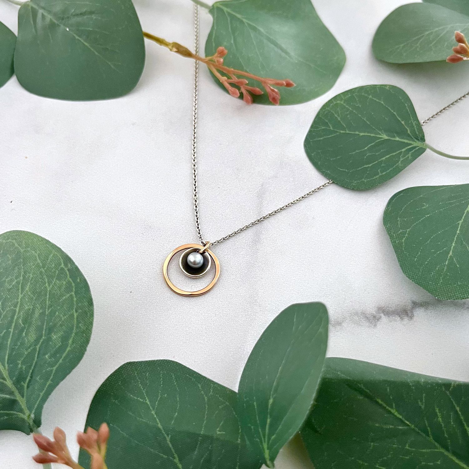 Handmade Necklace with 4mm Grey pearl Set in Oxi Silver in 14k GF Circle, 16-17"