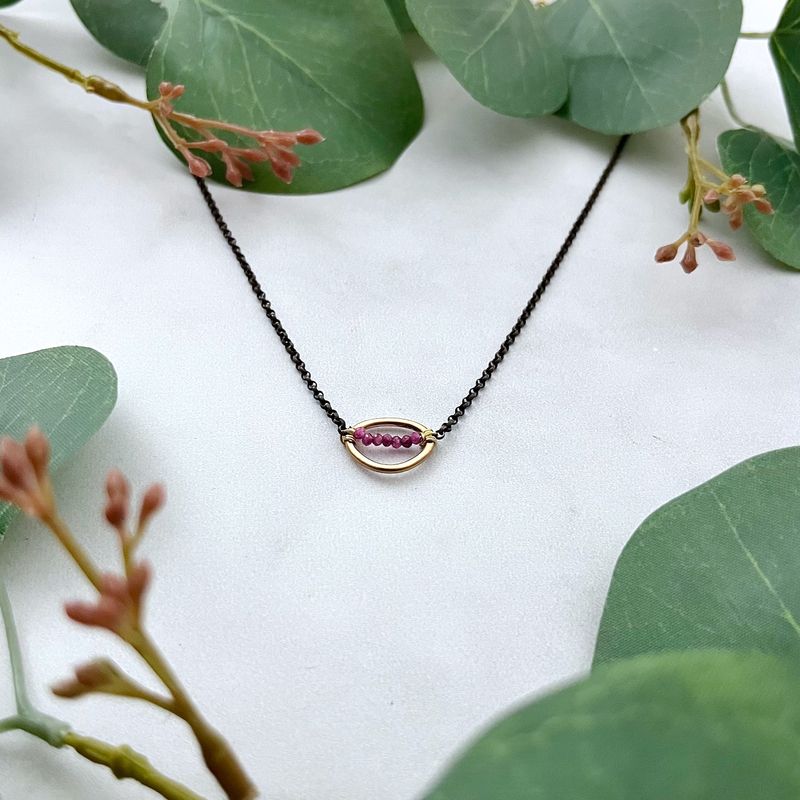 Handmade Necklace with 2mm Pink Ruby Wrapped in 14k GF in Oxidized Sterling Chain, 16"