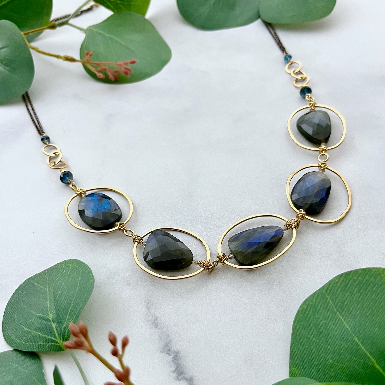 Handmade Labradorite and Blue Topaz Necklace with 14k GF on Sterling Chain