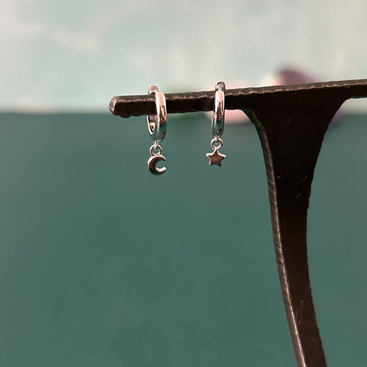 Star and Moon Huggie Hoop Earrings in Silver