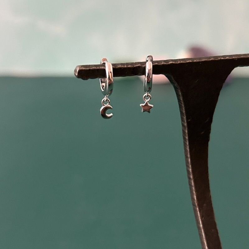 Star and Moon Huggie Hoop Earrings in Silver