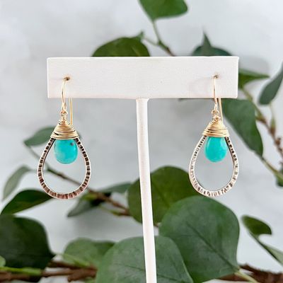 Handmade Silver and Sky Earrings w/faceted turquoise in sterling teardrop &amp; 14kt GF wire
