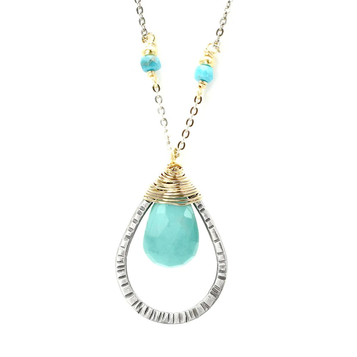 Handmade Silver and Sky Necklace w/faceted turquise in sterling teardrop &amp; 14kt GF wire on Sterling Chain