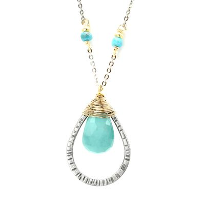 Handmade Silver and Sky Necklace w/faceted turquise in sterling teardrop &amp; 14kt GF wire on Sterling Chain
