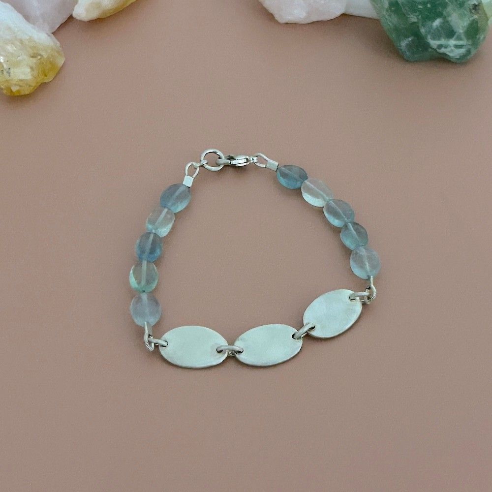 Handmade Bracelet with Three Silver Ovals and Aquamarine stones
