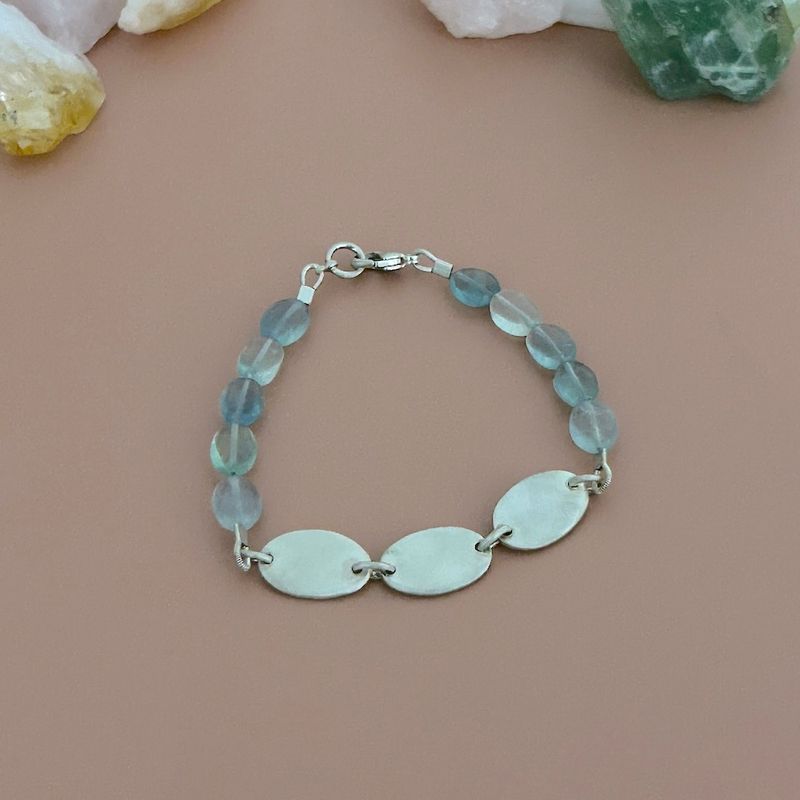 Handmade Bracelet with Three Silver Ovals and Aquamarine stones