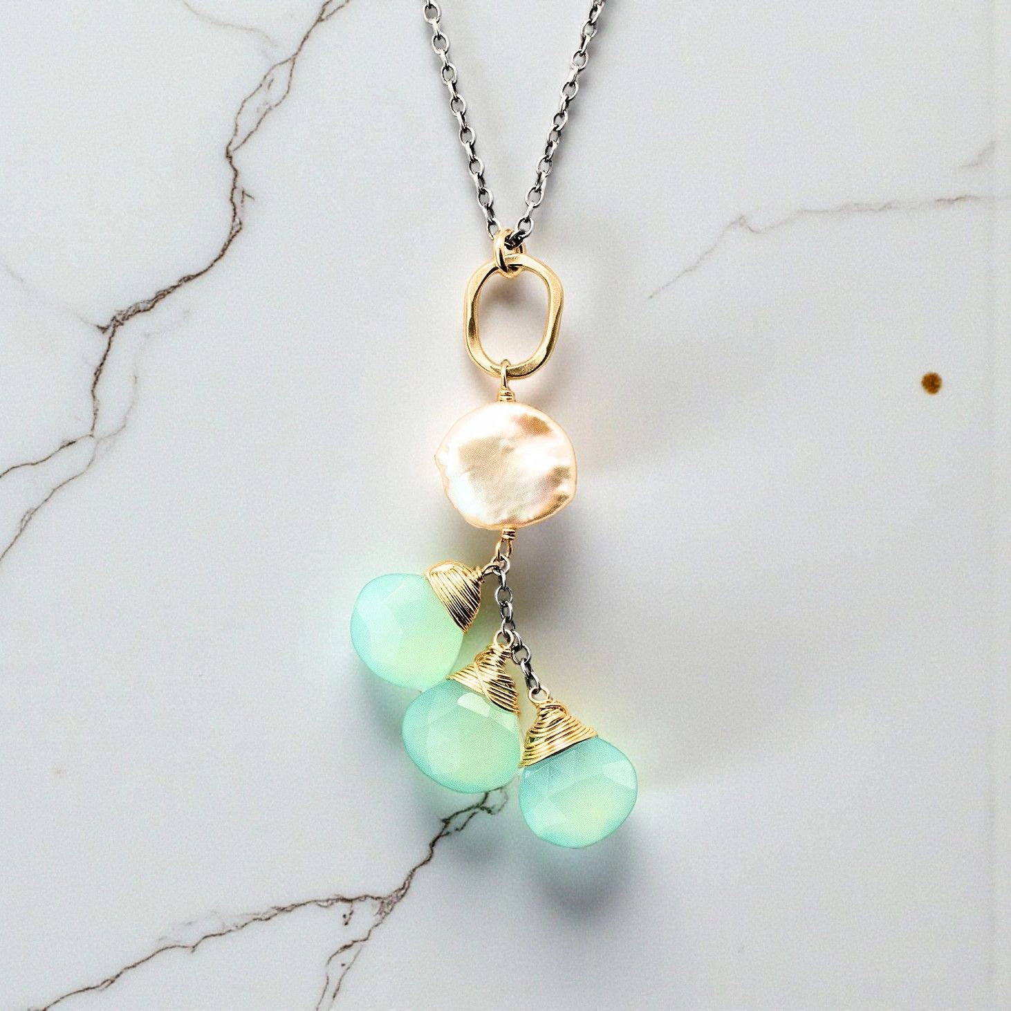 Handmade Chalcedony w/ Pearl on 14kt GF Link on Oxized Chain Necklace 17"
